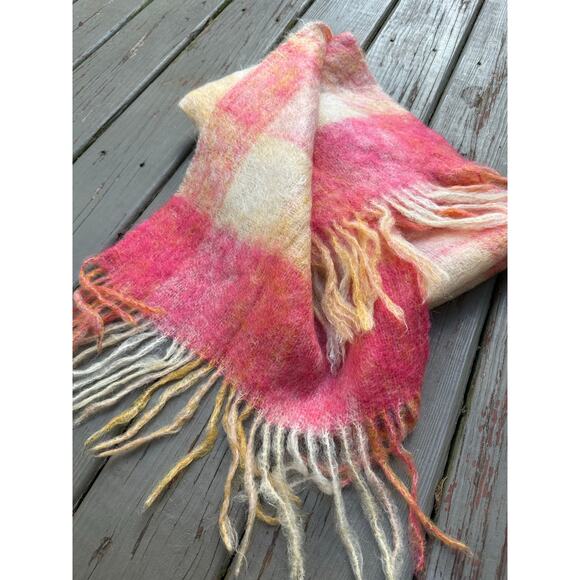 Abraham & Straus 100% Mohair Scarf orange coral yellow large Plaid Germany70x17” - Picture 8 of 12